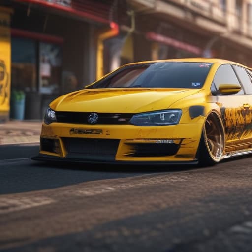 Generate hyperreality images Volkswagen polo sedan yellow tuning drift unreal ultra 4k