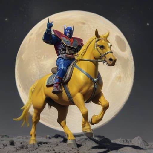 Optimus prime riding a yellow horse on the moon