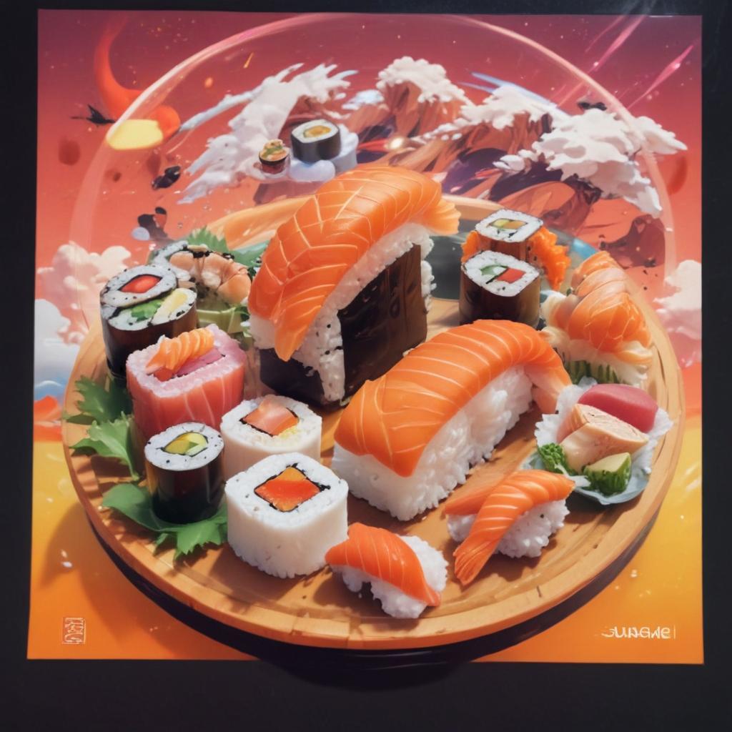 distance-shot, flashy, full-body, dynamic, holographic, animated cartoon poster of sushi scene in the style of dragon ball super