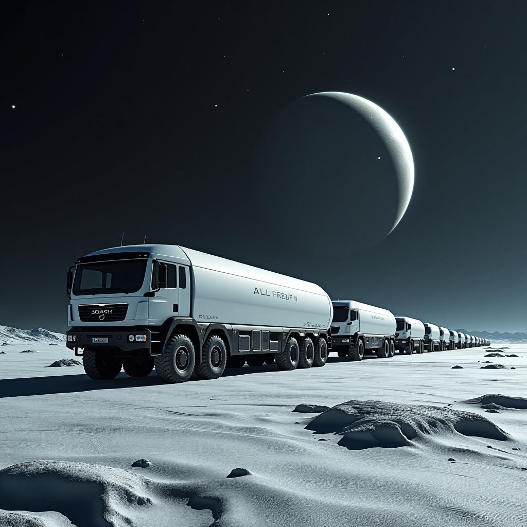  ganymede, a large bright disk of jupiter in the sky, many stars, a dark icy plain with hummocks, a caravan of large futuristic cargo all terrain vehicles, a smooth white metallic body, a side view from the front, a wide angle, close up