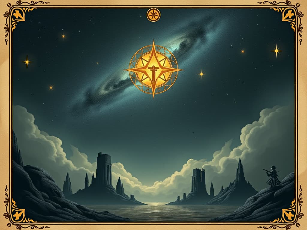  starlit sky with glowing protective symbols, faintly visible mystical ruins below, guardian spirits floating, protective, ancient energy. an illustration in the style of a worn, mystical old tarot trump card, mysterious and elements of surrealism. the colors are muted, somber and eerie, but with contrast bring out an occult and esoteric vibe.