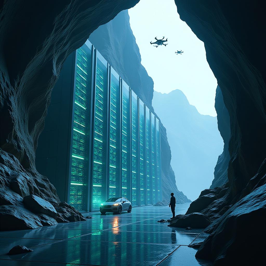  generate an image of a futuristic data center embedded deep within a mountain, with towering server racks glowing in blue and green lights. the architecture is sleek and minimalist, with translucent panels covering walls, where circuits and data streams are visibly flowing like veins of light. above the racks, a floating, holographic control interface displays real time data, graphs, and ai driven analytics. drones hover nearby, performing maintenance tasks autonomously, guided by artificial intelligence. outside the data center's glass entrance, a rugged landscape of rocky terrain contrasts with a seamless, self driving vehicle docked at the entrance. fiber optic cables snake into the mountainside, connecting the facility to a global grid. hyperrealistic, full body, detailed clothing, highly detailed, cinematic lighting, stunningly beautiful, intricate, sharp focus, f/1. 8, 85mm, (centered image composition), (professionally color graded), ((bright soft diffused light)), volumetric fog, trending on instagram, trending on tumblr, HDR 4K, 8K