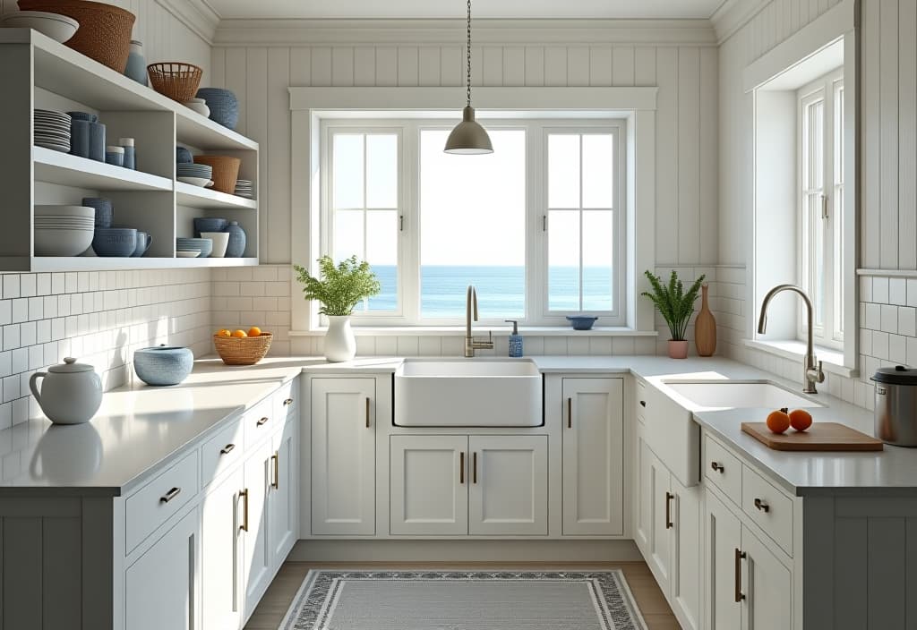  a landscape photo of a coastal inspired white kitchen with beadboard cabinets, open shelving displaying blue and white pottery, a farmhouse sink, and a large picture window overlooking an ocean view hyperrealistic, full body, detailed clothing, highly detailed, cinematic lighting, stunningly beautiful, intricate, sharp focus, f/1. 8, 85mm, (centered image composition), (professionally color graded), ((bright soft diffused light)), volumetric fog, trending on instagram, trending on tumblr, HDR 4K, 8K