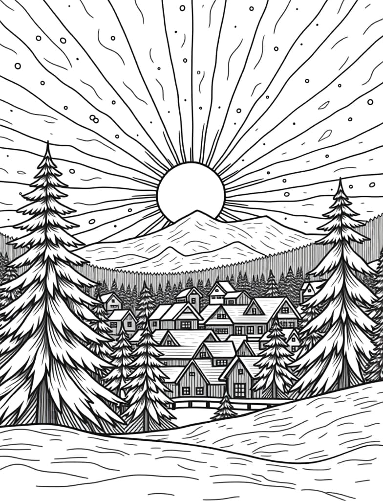  this is for an adult coloring page. a detailed black and white line art of a snowy winter sunrise over a snow covered town on a solid white background.