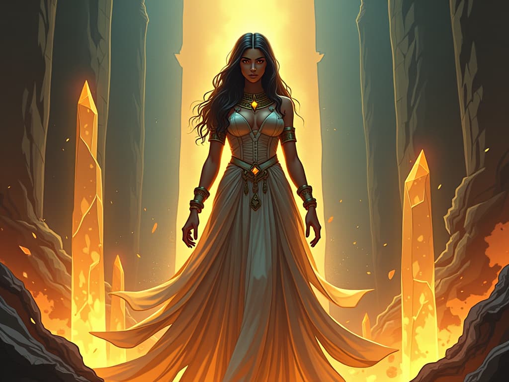  large busted priestess in flowing, form fitting dress, standing amid glowing crystal formations, intense focus, symbolizing manifesting the extraordinary. the style is digital art illustration / modern comic book / mysterious occult, symbolic, esoteric vibe,high detail on character design, incorporating ancient egyptian symbology and attire.