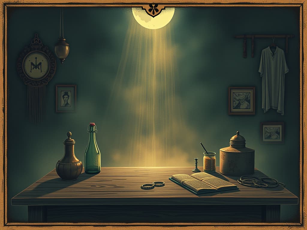  daily life scene, subtle distortion in the air, faint glow enveloping mundane objects, reality bend, enigmatic aura, mysterious. an illustration in the style of a worn, mystical old tarot trump card, mysterious and elements of surrealism. the colors are muted, somber and eerie, but with contrast bring out an occult and esoteric vibe.