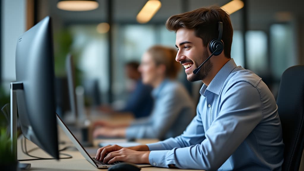  happy european man call center agent wearing headset talking to client working in customer support office. professional contract service telemarketing operator using laptop having conversation. ar 16:9 {prompt}, maximum details