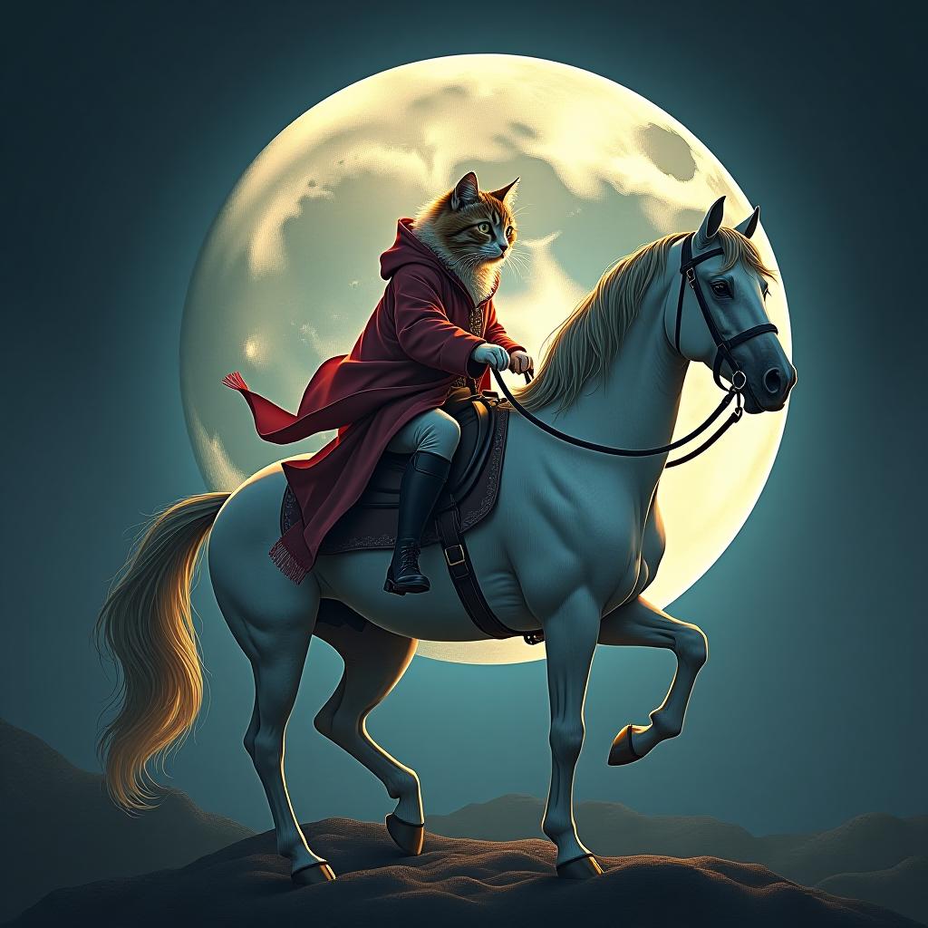  a cat riding a horse, hand drawn, on the moon, studio light, hdr 4k hyperrealistic, full body, detailed clothing, highly detailed, cinematic lighting, stunningly beautiful, intricate, sharp focus, f/1. 8, 85mm, (centered image composition), (professionally color graded), ((bright soft diffused light)), volumetric fog, trending on instagram, trending on tumblr, HDR 4K, 8K