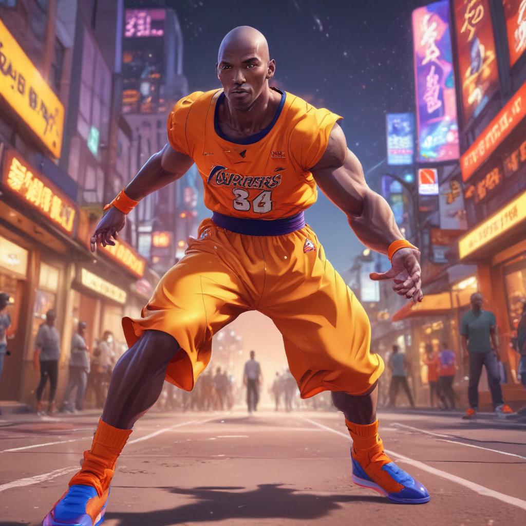 distance-shot, flashy, full-body, dynamic, holographic, animated cartoon poster of kobe scene in the style of dragon ball super