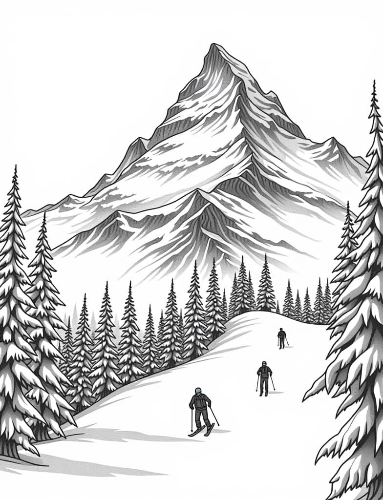  this is for an adult coloring page. a detailed black and white line art of a snowy snow covered mountain with a group of skiers descending on a solid white background.