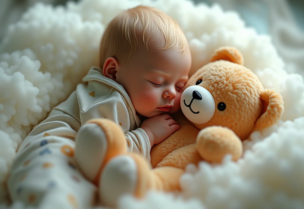  hyperrealistic art the baby's a blond boy in a runaway pajama with bears and soft balls sleeping with a teddy bear on a cloud. . extremely high resolution details, photographic, realism pushed to extreme, fine texture, incredibly lifelike hyperrealistic, full body, detailed clothing, highly detailed, cinematic lighting, stunningly beautiful, intricate, sharp focus, f/1. 8, 85mm, (centered image composition), (professionally color graded), ((bright soft diffused light)), volumetric fog, trending on instagram, trending on tumblr, HDR 4K, 8K