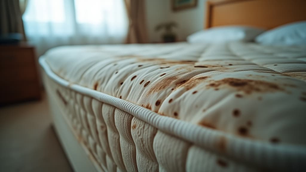  close up of moldy mattress in bedroom, highlighting health hazards, mold, mattress, bedroom, indoor, home, room, unhealthy