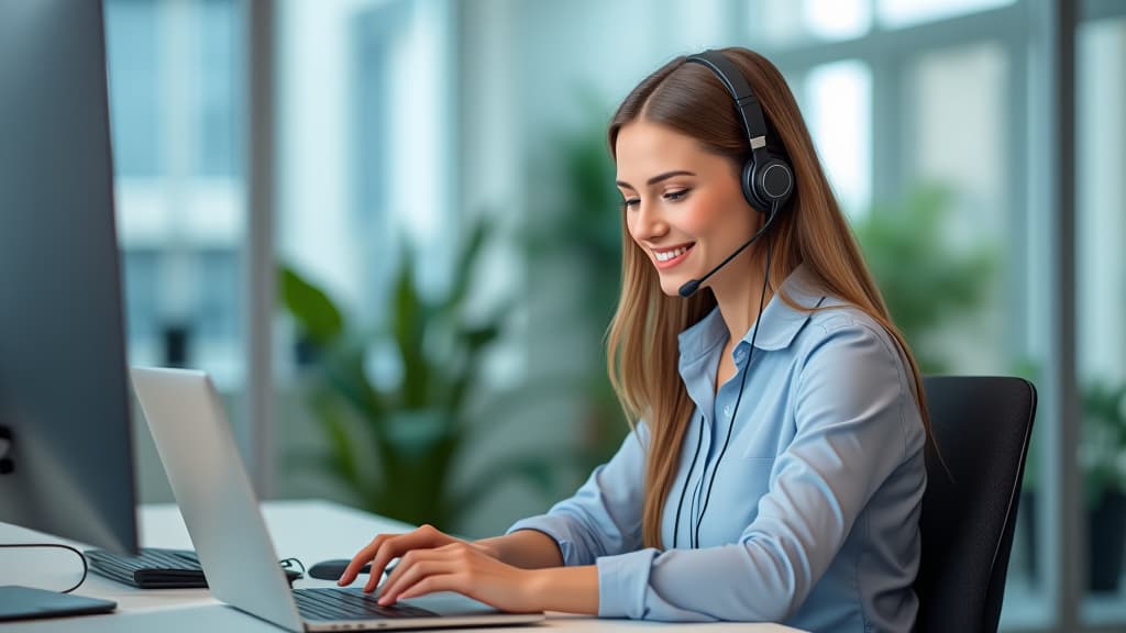  happy finland woman call center agent wearing headset talking to client working in customer support office. professional contract service telemarketing operator using laptop having conversation. ar 16:9 {prompt}, maximum details