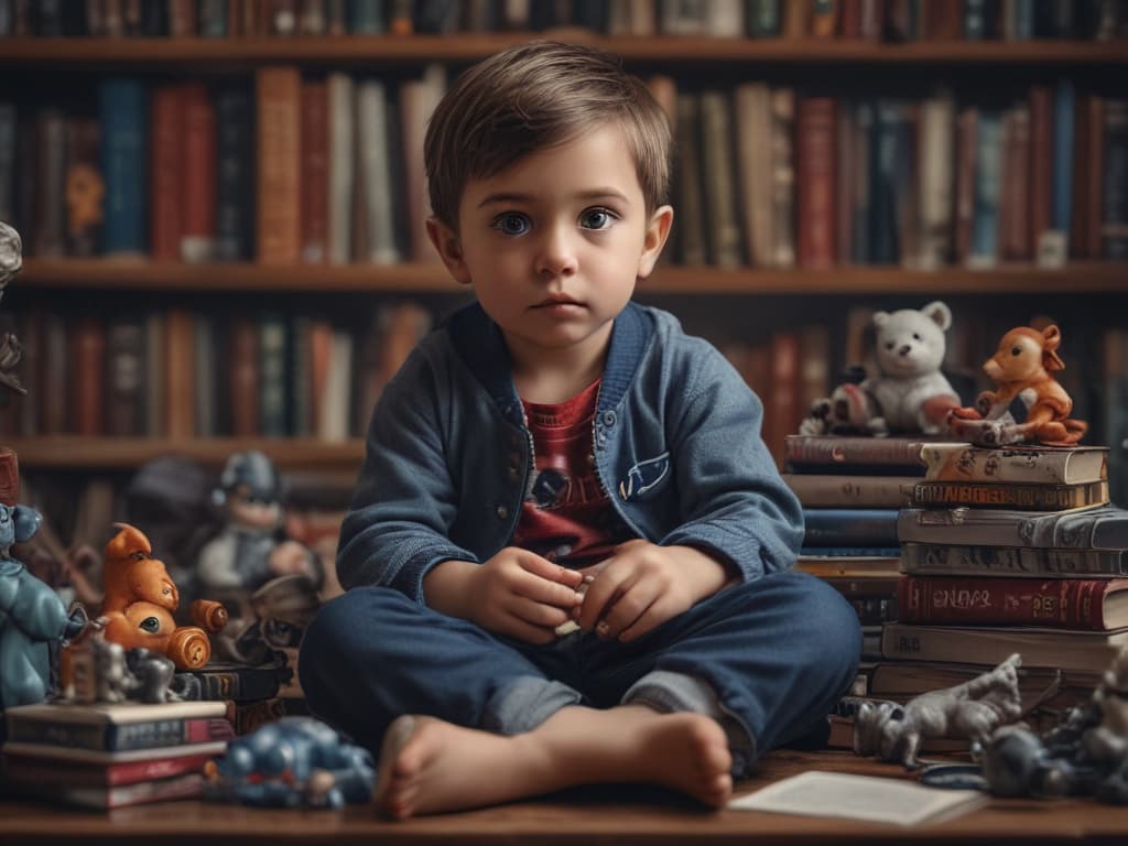 ultra realistic ((ultra realistic ((A child sitting with a thoughtful expression, surrounded by books and toys.)))) hyperrealistic, full body, detailed clothing, highly detailed, cinematic lighting, stunningly beautiful, intricate, sharp focus, f/1. 8, 85mm, (centered image composition), (professionally color graded), ((bright soft diffused light)), volumetric fog, trending on instagram, trending on tumblr, HDR 4K, 8K