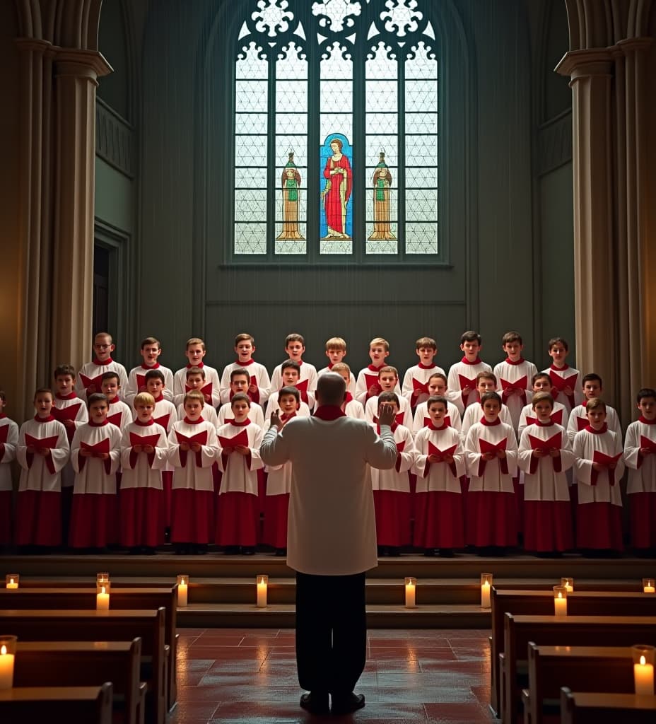  choir wearing white and red uniforms inside a big catholic church on a rainy night with candles beside them. there are 3 rows, and one of the boys somewhere to the left is facing backwards to the rest of the choir, with the conductor infront of the choirboys conducting with flailing arms, taken on a typical android phone