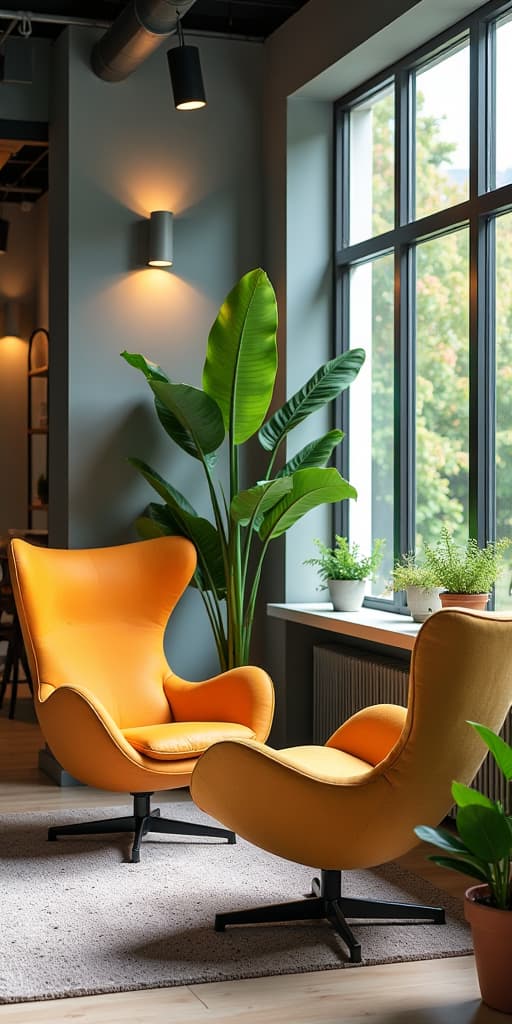  colorful armchairs and green plants bring energy to a modern office lounge, high quality, high details, hd, perfect composition, 4k epic detailed, highly detailed, sharp focus, high resolution