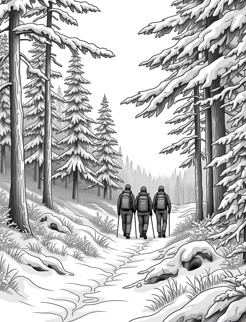  this is for an adult coloring page. a detailed black and white line art of a snowy snowy woodland trail with a group of hikers walking on a solid white background.