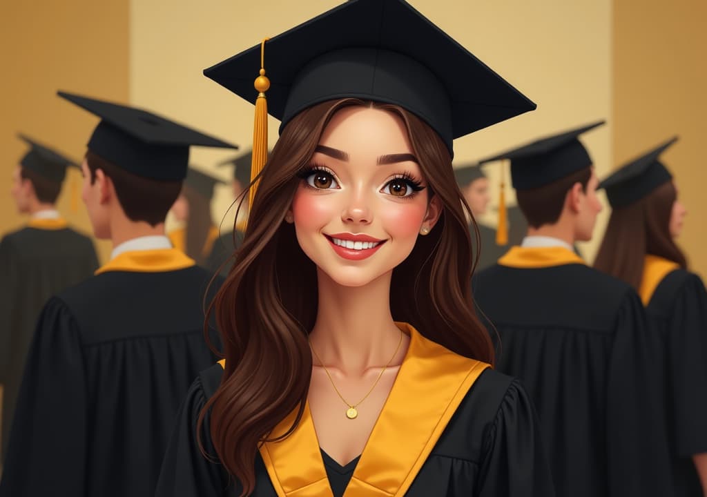  illustration portrait of cheerful young lady in black and yellow graduation gown with cap against of other graduate, high quality, high details, hd, perfect composition, 4k epic detailed, highly detailed, sharp focus, high resolution