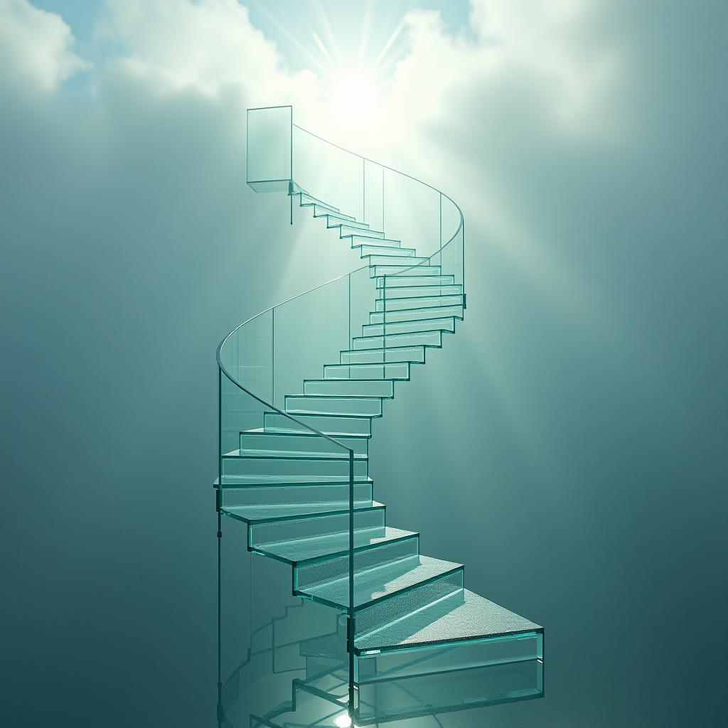  a spiraling, translucent glass staircase rises into a cloudy, dream like sky, captured in ultra realistic detail using a wide angle tilt shift lens. shot with a canon eos r5, the scene bends reality as the staircase appears to float effortlessly among mist covered islands, each step reflecting the soft light of the ethereal surroundings. the extreme sharpness of the staircase contrasts with the blurred, surreal quality of the background, creating a sense of dislocation and wonder. this hyper realistic composition draws inspiration from the architectural photography of julius shulman, blending precise, sharp lines with the surrealist, otherworldly elements of jerry uelsmann’s photomontages. the play with perspective and scale adds a dreaml hyperrealistic, full body, detailed clothing, highly detailed, cinematic lighting, stunningly beautiful, intricate, sharp focus, f/1. 8, 85mm, (centered image composition), (professionally color graded), ((bright soft diffused light)), volumetric fog, trending on instagram, trending on tumblr, HDR 4K, 8K