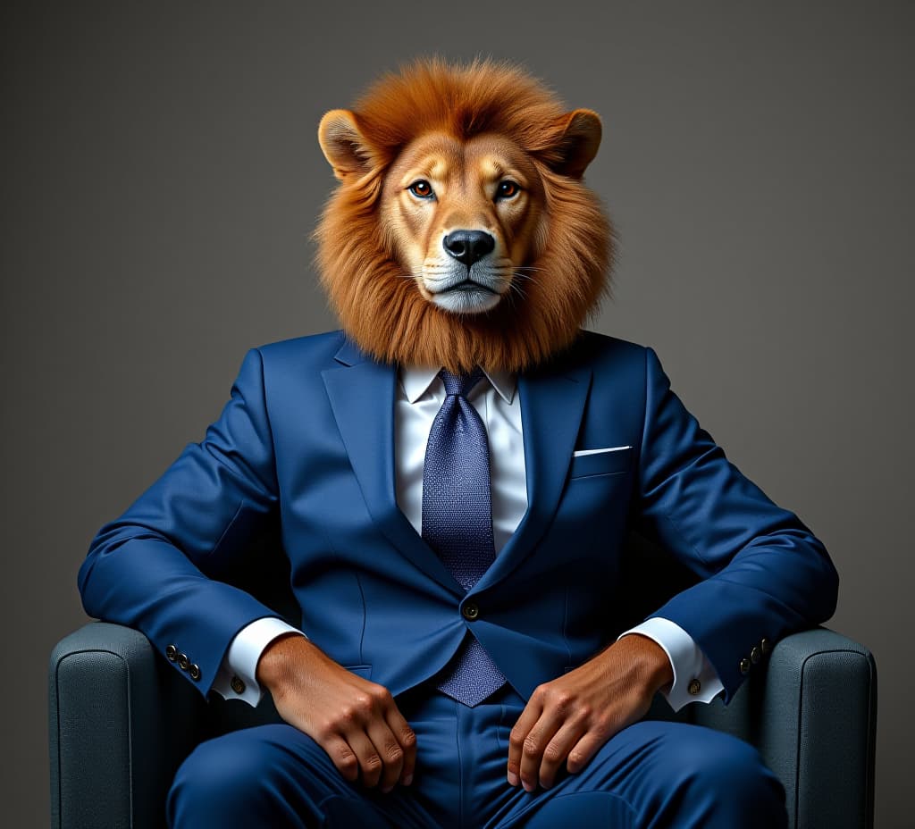  a humorous image featuring a digitally altered photo of a loin dressed in a sophisticated blue business suit, sitting on a chair, exuding confidence.