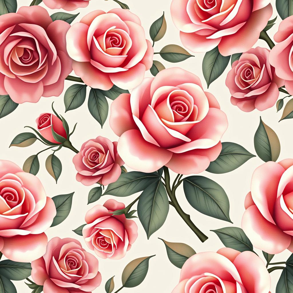  create a seamless digital design featuring a pattern of large, beautiful roses with soft, watercolor like effects. the roses should cover the entire surface, creating a bold, elegant, and continuous look. the overall style should be light and airy, with delicate leaves and petals to enhance the natural, floral theme. the design should be seamless to ensure it can be used in repeating patterns or wraps.