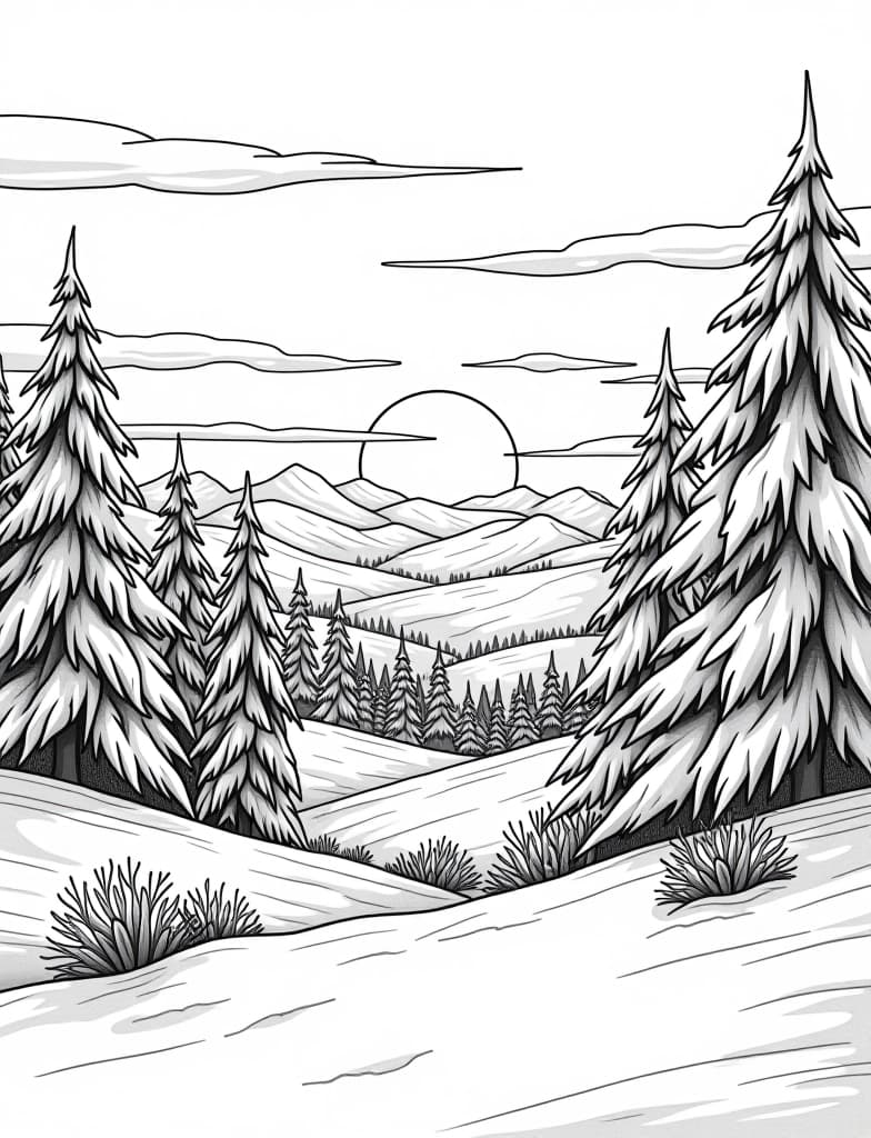  this is for an adult coloring page. a detailed black and white line art of a snowy winter sunrise over a snow covered valley on a solid white background.