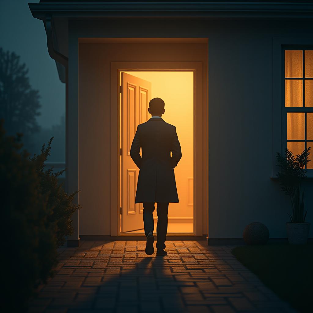  a scene of an interviewee leaving the house hyperrealistic, full body, detailed clothing, highly detailed, cinematic lighting, stunningly beautiful, intricate, sharp focus, f/1. 8, 85mm, (centered image composition), (professionally color graded), ((bright soft diffused light)), volumetric fog, trending on instagram, trending on tumblr, HDR 4K, 8K