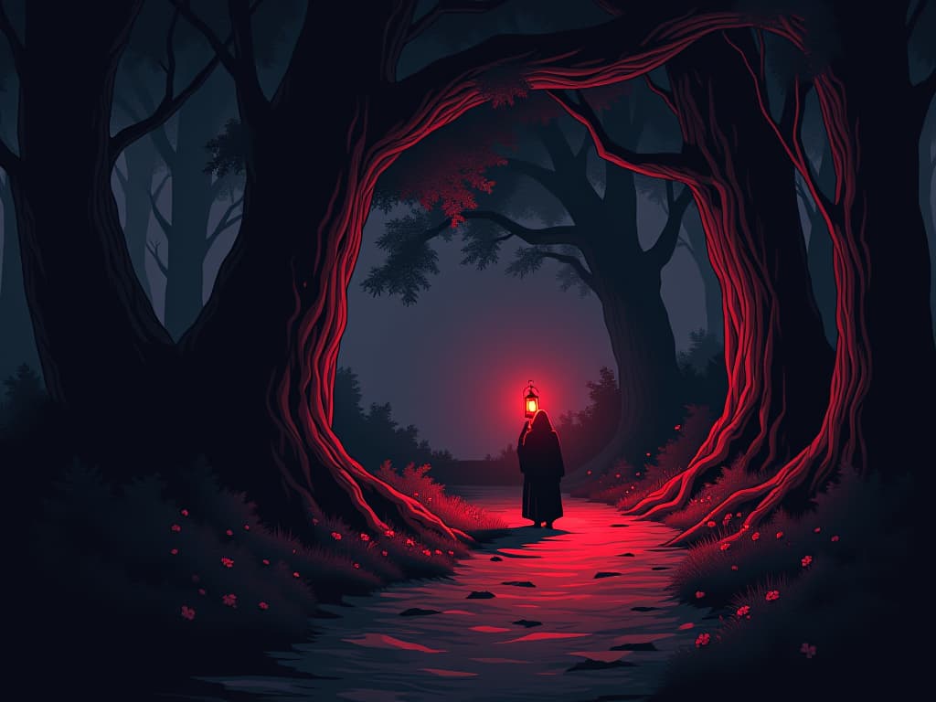  path illuminated by lantern light, dark forest edges, sense of chosen path and guidance. the style is digital art illustration / modern comic book / graphic dark novel fantasy and mysterious occult, symbolic, moody lighting, esoteric vibe,high detail on character design. for the color scheme emphasize blacks and reds.