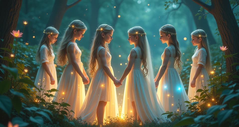  a gathering of ethereal beings among glowing, mystical plants, creating an aura of support. their clothing is translucent, adorned with luminous patterns, a scene brimming with serenity and magical collaboration.. the style is digital art illustration,highly detailed, whimsical,magical, dreamlike atmosphere, realism and fantasy blend, smooth, glossy textures,luminous quality, wonder and enchantment.