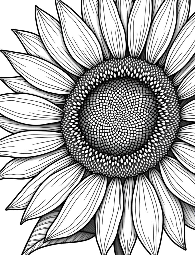  a detailed close up of a sunflower and its seeds, black and white line art on a white background, for an adult coloring page.