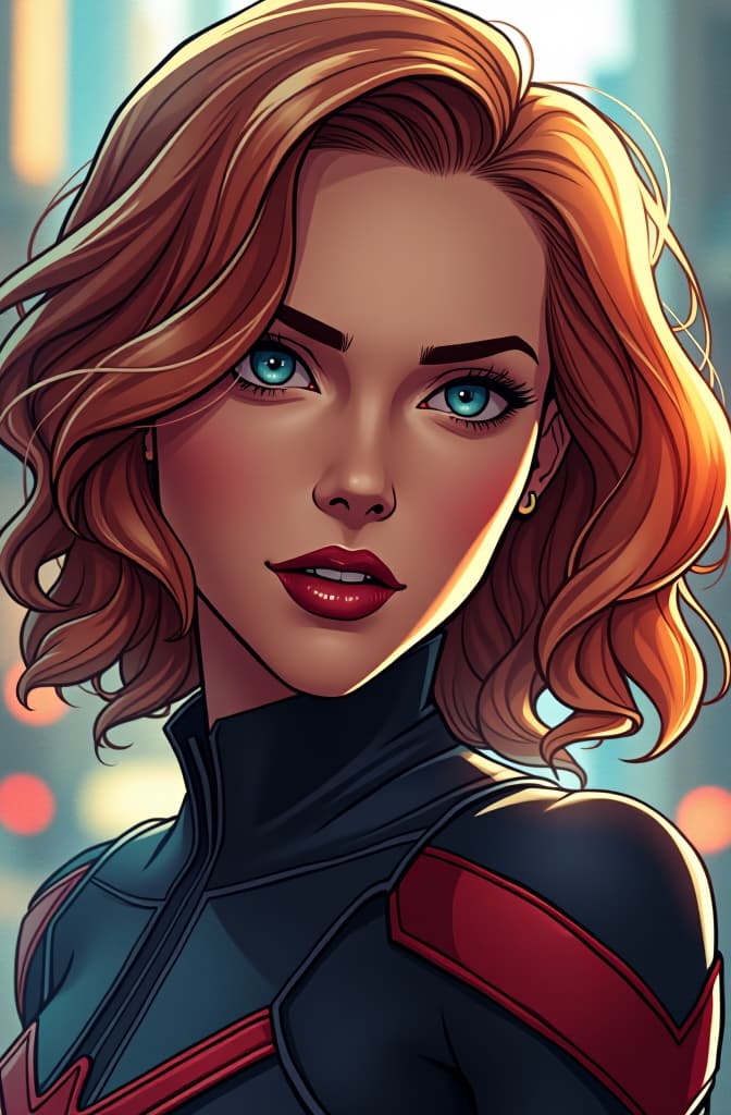  scarlett johansson, marvel comic panel, dc animated comic panel, comic panel, manga and manhwa style panel, portrait, young person face, style for marvel comic, anime comic panel style hyperrealistic, full body, detailed clothing, highly detailed, cinematic lighting, stunningly beautiful, intricate, sharp focus, f/1. 8, 85mm, (centered image composition), (professionally color graded), ((bright soft diffused light)), volumetric fog, trending on instagram, trending on tumblr, HDR 4K, 8K