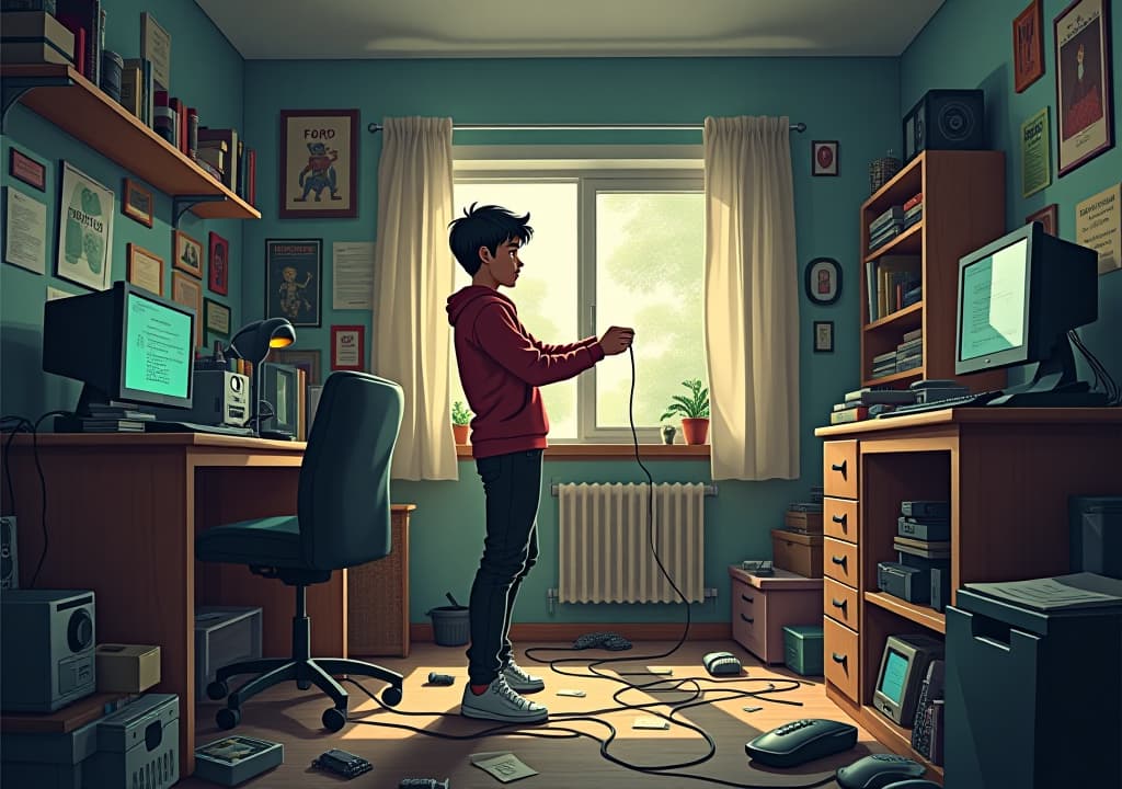  good quality, high quality, visual description: pranav in his cluttered bedroom, filled with scattered robot parts, wires, and computers. he is in the foreground, adjusting a wire with intense focus.text (top left, narration box): "meet pranav ajay, a genius programmer with one goal in mind..."