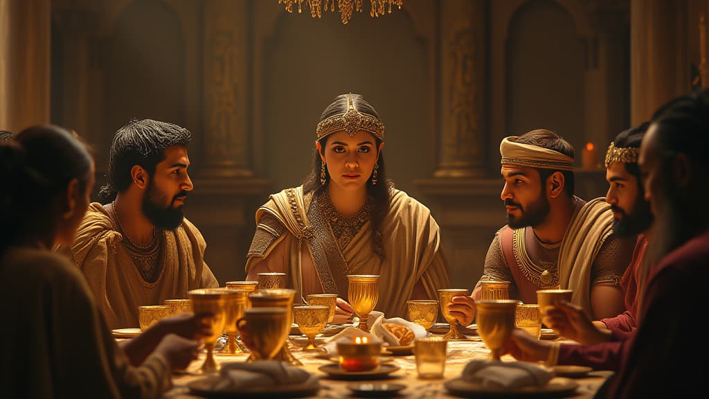  queen esther at a banquet in biblical times with king xerxes and his subjects, cups of gold and copper instead of glass.