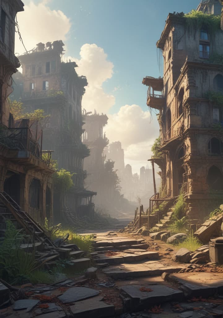 Design an anime wallpaper set in a post apocalyptic world with ruins and nature highly detailed,studio lighting,professional,vivid colors, cinematic lighting, HDR, UHD, 4K, 8k, 64K