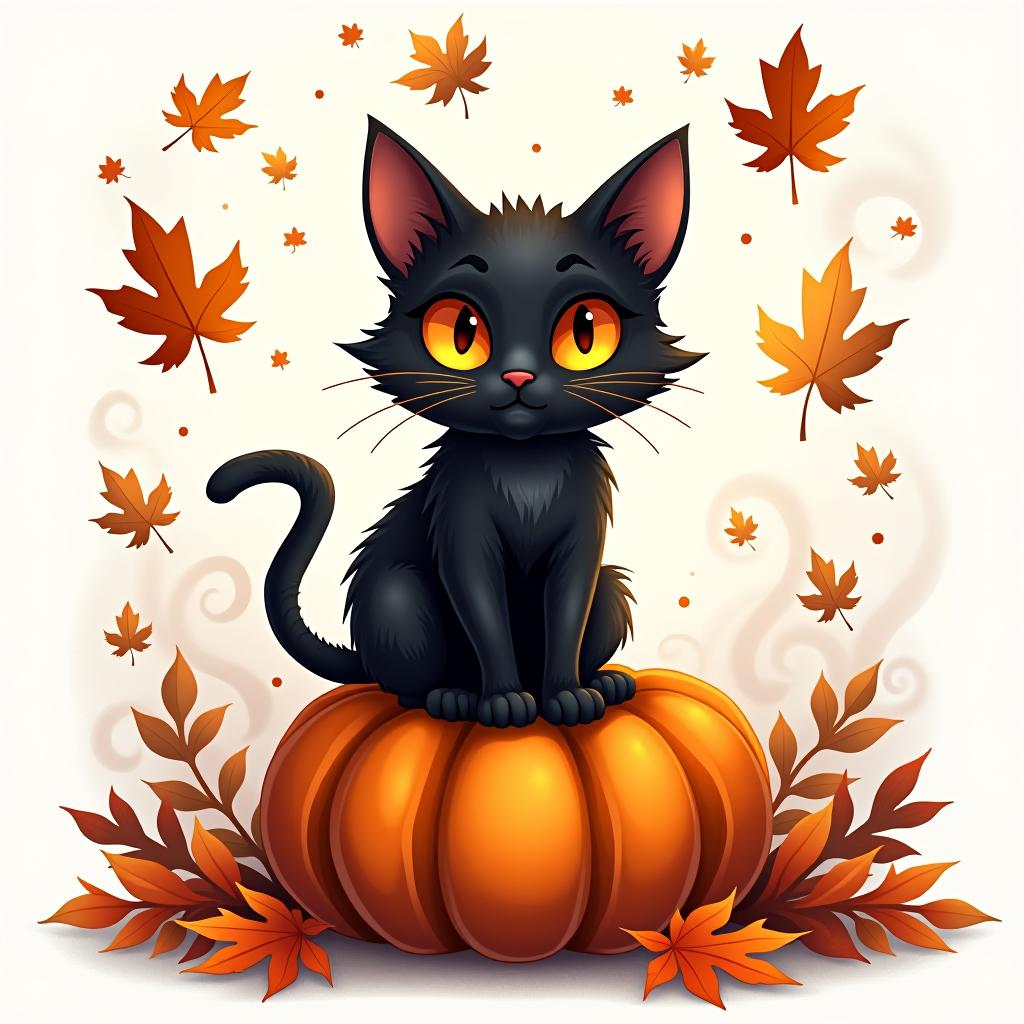  a cute black cat with glowing eyes sitting on a pumpkin, surrounded by swirling autumn leaves in a whimsical style, with warm, moody lighting. t shirt design, vector, contour, white background, no mockup hyperrealistic, full body, detailed clothing, highly detailed, cinematic lighting, stunningly beautiful, intricate, sharp focus, f/1. 8, 85mm, (centered image composition), (professionally color graded), ((bright soft diffused light)), volumetric fog, trending on instagram, trending on tumblr, HDR 4K, 8K