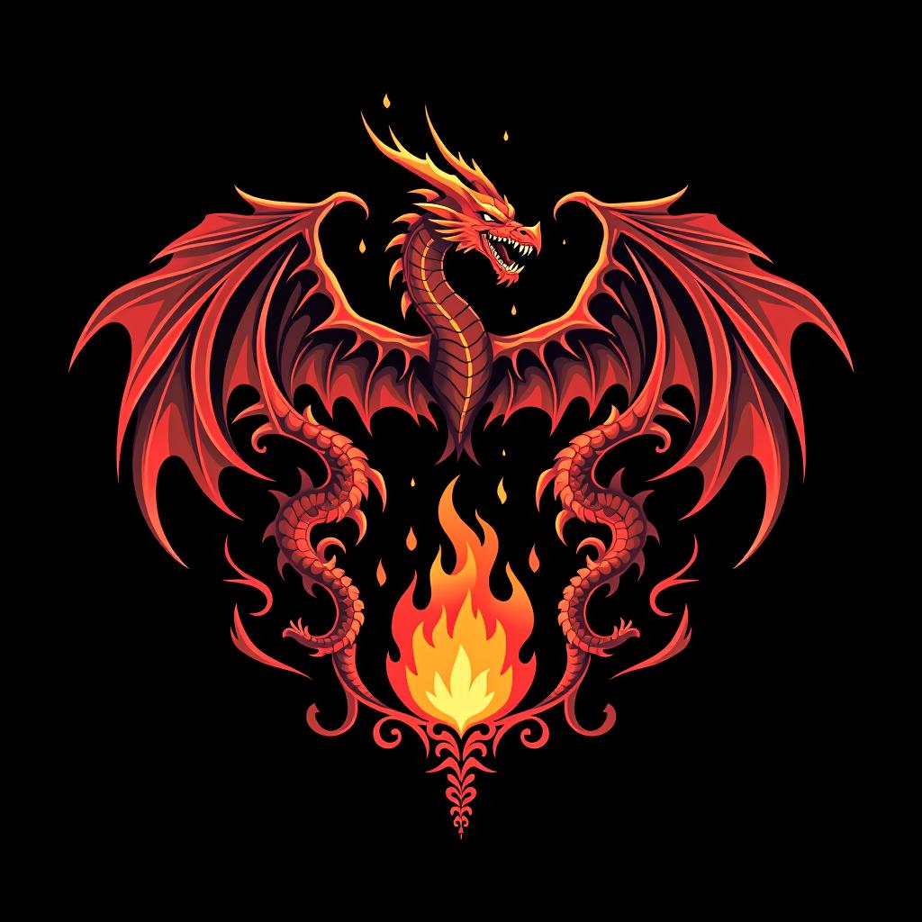  design a logo, design de sticker personnalisé sur un fond noir isolé décoré de dragons mythiques et d'une épée enflammée