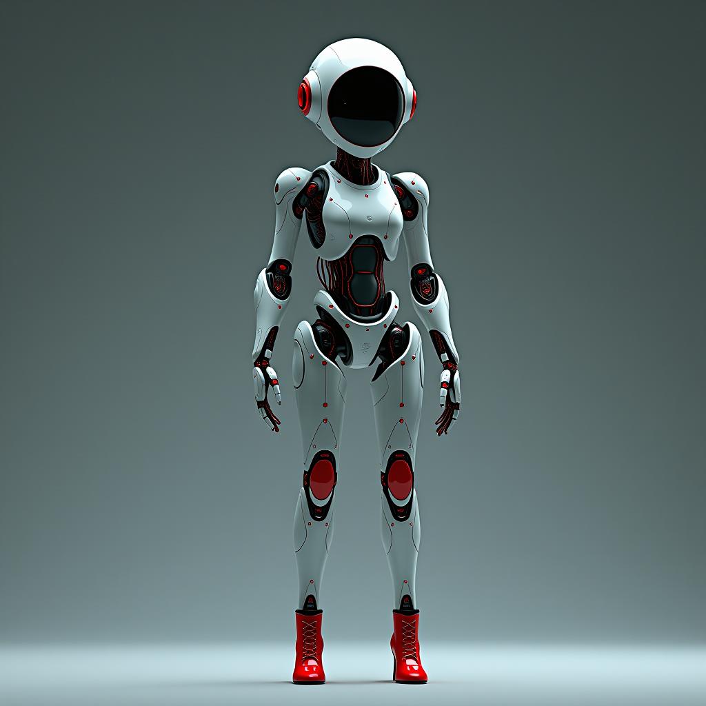  cybernetic robot a young with two red porridge long shoes with red shoes on high heels . android, ai, machine, metal, wires, tech, futuristic, highly detailed hyperrealistic, full body, detailed clothing, highly detailed, cinematic lighting, stunningly beautiful, intricate, sharp focus, f/1. 8, 85mm, (centered image composition), (professionally color graded), ((bright soft diffused light)), volumetric fog, trending on instagram, trending on tumblr, HDR 4K, 8K