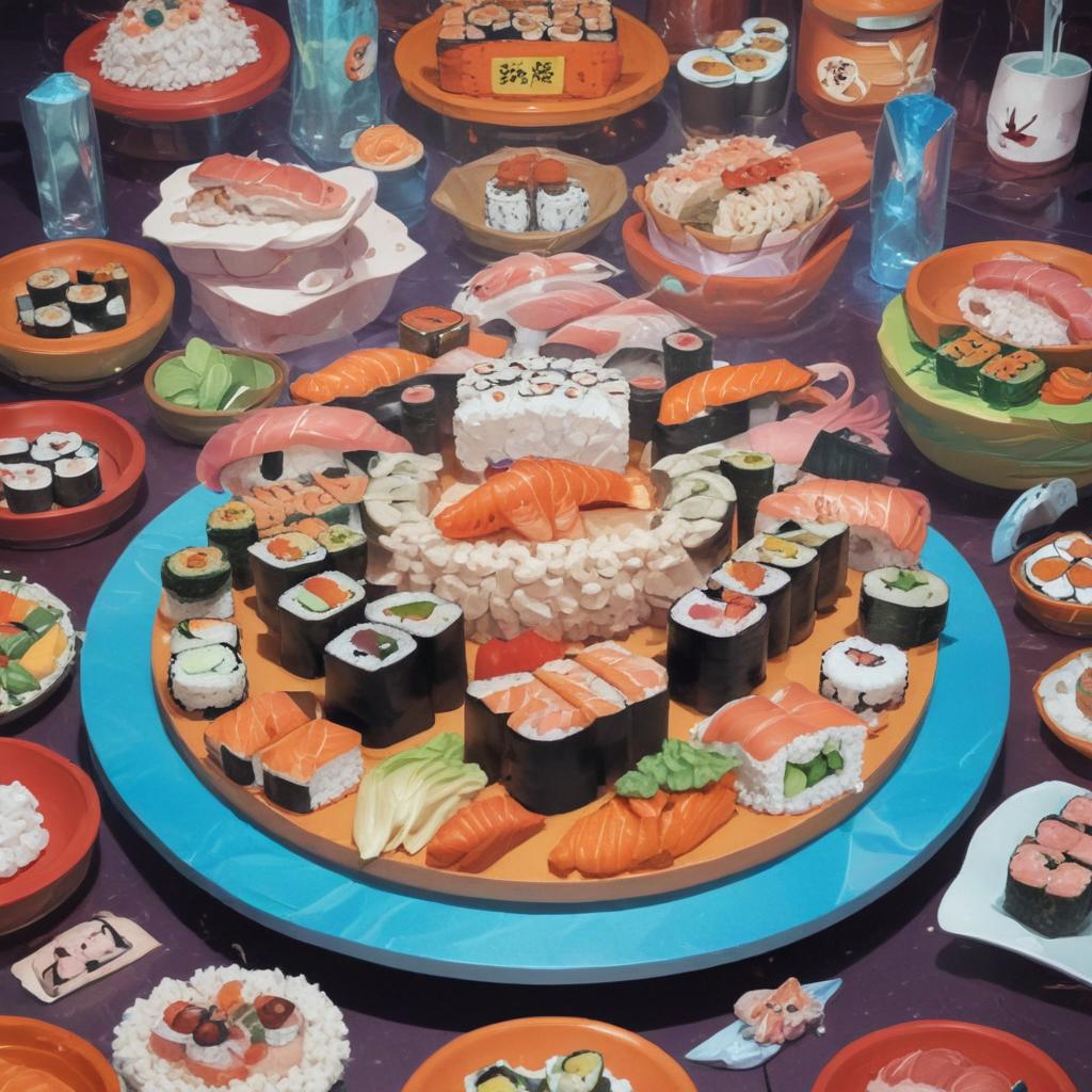 distance-shot, flashy, full-body, dynamic, holographic, animated cartoon poster of sushi scene in the style of dragon ball super