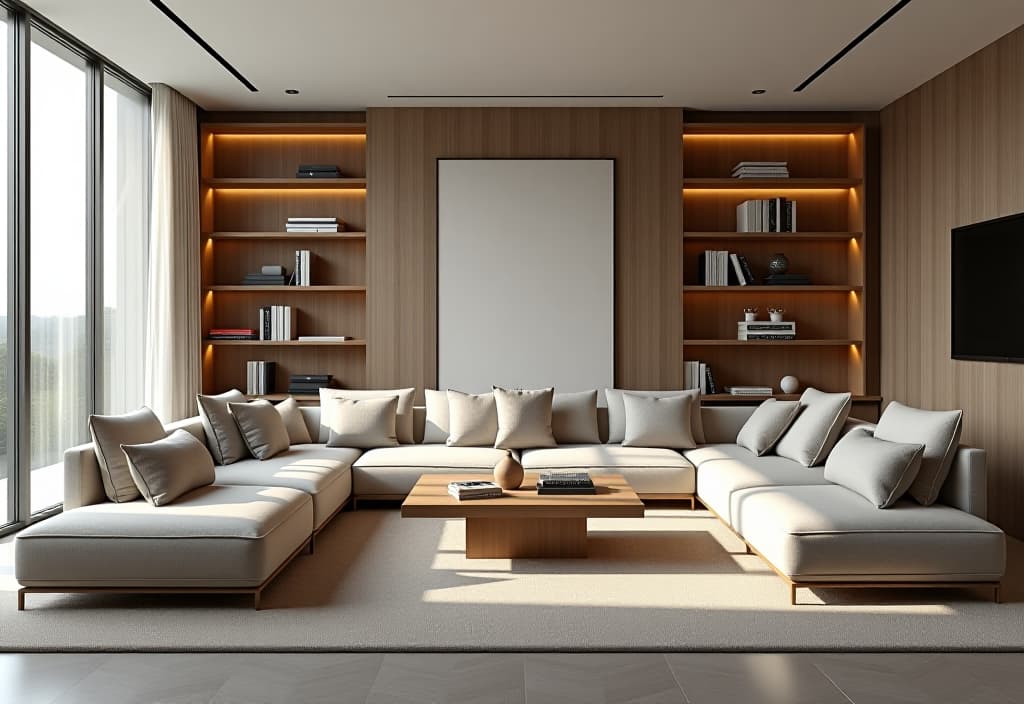  a landscape photo of a minimalist living room with clean lines, featuring a modular sofa system, geometric coffee table, and statement floor to ceiling bookshelves hyperrealistic, full body, detailed clothing, highly detailed, cinematic lighting, stunningly beautiful, intricate, sharp focus, f/1. 8, 85mm, (centered image composition), (professionally color graded), ((bright soft diffused light)), volumetric fog, trending on instagram, trending on tumblr, HDR 4K, 8K