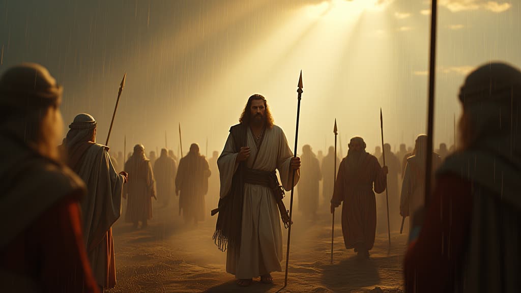  history of biblical times, the dramatic aftermath of elijah's victory, where the prophets of baal are defeated, and rain begins to fall upon the dry land of israel. hyperrealistic, full body, detailed clothing, highly detailed, cinematic lighting, stunningly beautiful, intricate, sharp focus, f/1. 8, 85mm, (centered image composition), (professionally color graded), ((bright soft diffused light)), volumetric fog, trending on instagram, trending on tumblr, HDR 4K, 8K