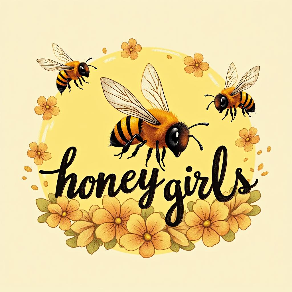  the little bees are flying around the inscription "honey girls."