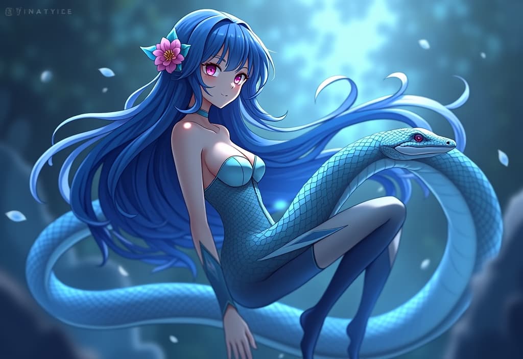  anime artwork , graceful, elegant, long haired, blue haired lamia. half , half snake. delicate arms, firm s, narrow waist smoothly transition into a graceful, graceful snake body and tail. the lamia's body wriggles hyperually. the reproductive organ secretes the sweet juice of thirst for love and pionate play. lamia is ready for love and pionate games. the lamia gets excited, she wriggles, attracting the attention of the lamia hunter with her delicate body, graceful body, elastic s. droplets of juice flow down the stomach. it is impossible to resist the emitted , it is impossible to resist the emitted pion. it is impossible to resist the emanating from lamia. every cell of the lamia's b hyperrealistic, full body, detailed clothing, highly detailed, cinematic lighting, stunningly beautiful, intricate, sharp focus, f/1. 8, 85mm, (centered image composition), (professionally color graded), ((bright soft diffused light)), volumetric fog, trending on instagram, trending on tumblr, HDR 4K, 8K