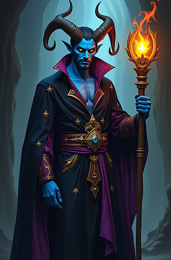  "a tiefling warlock male character with demonic features, standing in a mysterious and dark environment. his skin is a deep blue, with golden adorned, twisted horns. he wears a flowing velvet robe in black and purple, with starry patterns that seem to move. in his hand, he holds a magical staff with a glowing fey gem at the tip. his eyes are bright amber, glowing with arcane power. the scene should evoke a sense of otherworldly magic and surrealism, with fragmented and abstract shapes, exaggerated angles, and vivid, contrasting colors, reminiscent of picasso's cubist style. the character's expression is enigmatic, reflecting his chaotic and mystical nature." hyperrealistic, full body, detailed clothing, highly detailed, cinematic lighting, stunningly beautiful, intricate, sharp focus, f/1. 8, 85mm, (centered image composition), (professionally color graded), ((bright soft diffused light)), volumetric fog, trending on instagram, trending on tumblr, HDR 4K, 8K