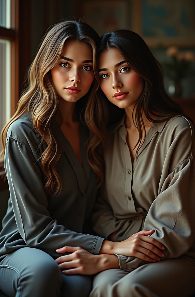   sitting with her friend, realistic, portrait, art by donato giancola and greg rutkowski, realistic face, digital art, trending on artstation hyperrealistic, full body, detailed clothing, highly detailed, cinematic lighting, stunningly beautiful, intricate, sharp focus, f/1. 8, 85mm, (centered image composition), (professionally color graded), ((bright soft diffused light)), volumetric fog, trending on instagram, trending on tumblr, HDR 4K, 8K