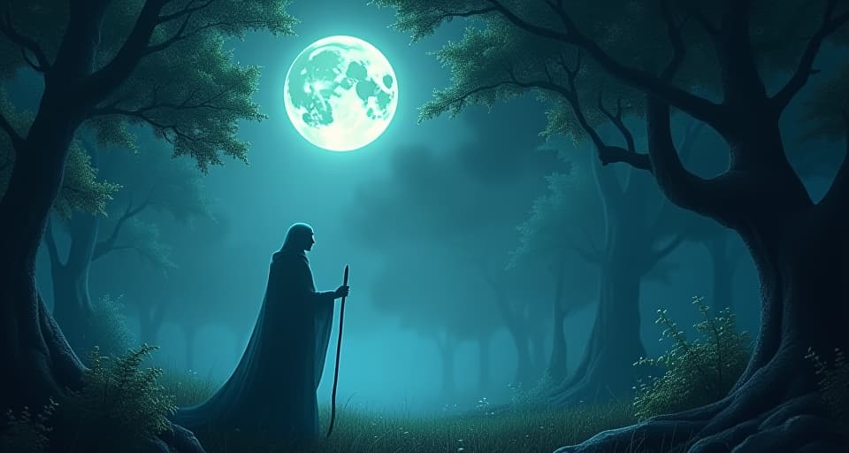  an ancient guide standing in a moonlit forest, their form nearly translucent, whispering cryptic words carried by the wind. the scene is filled with an atmosphere of deep mystery.. the style is digital art illustration,highly detailed, whimsical,magical, dreamlike atmosphere, realism and fantasy blend, smooth, glossy textures,luminous quality, wonder and enchantment.