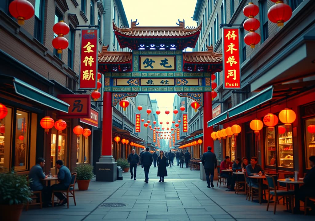  a vibrant scene in toronto's chinatown, featuring bustling streets with colorful storefronts, people enjoying authentic chinese cuisine at outdoor cafes, and cultural landmarks like the chinese archway, all set against a backdrop of traditional decorations and lanterns., in the style of photorealistic hyperrealistic, full body, detailed clothing, highly detailed, cinematic lighting, stunningly beautiful, intricate, sharp focus, f/1. 8, 85mm, (centered image composition), (professionally color graded), ((bright soft diffused light)), volumetric fog, trending on instagram, trending on tumblr, HDR 4K, 8K