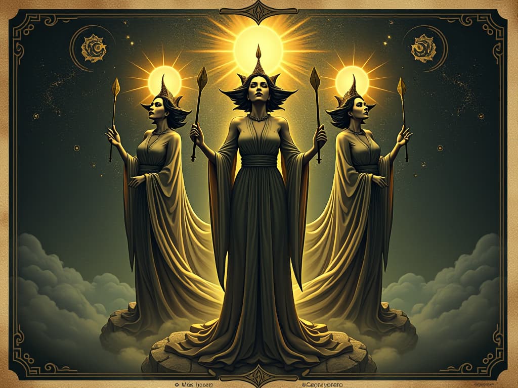  divine muses illuminated, flowing gowns, golden light surrounding them, artistic tools in hands, floating in celestial space, symbolizing inspiration and creativity. an illustration in the style of a worn, mystical old tarot trump card, mysterious and elements of surrealism. the colors are muted, somber and eerie, but with contrast bring out an occult and esoteric vibe.