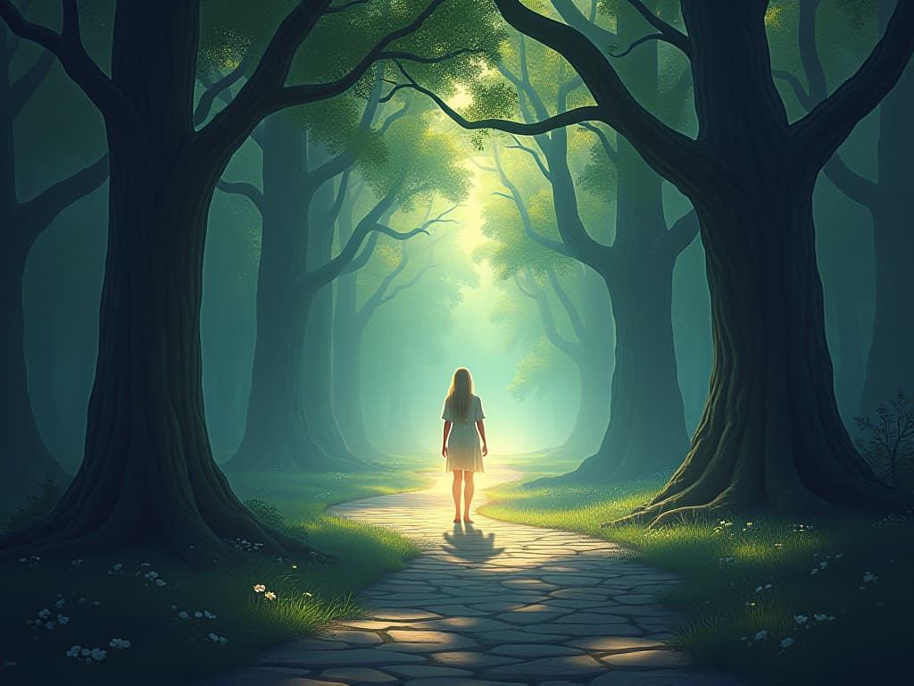  a luminous figure standing with greater poise and determination on an enchanted path surrounded by ancient trees. ethereal beings watch as the path aligns more closely with their inner purpose.. the style is digital art illustration,highly detailed, whimsical,magical, dreamlike atmosphere, realism and fantasy blend, smooth, glossy textures,luminous quality, wonder and enchantment.