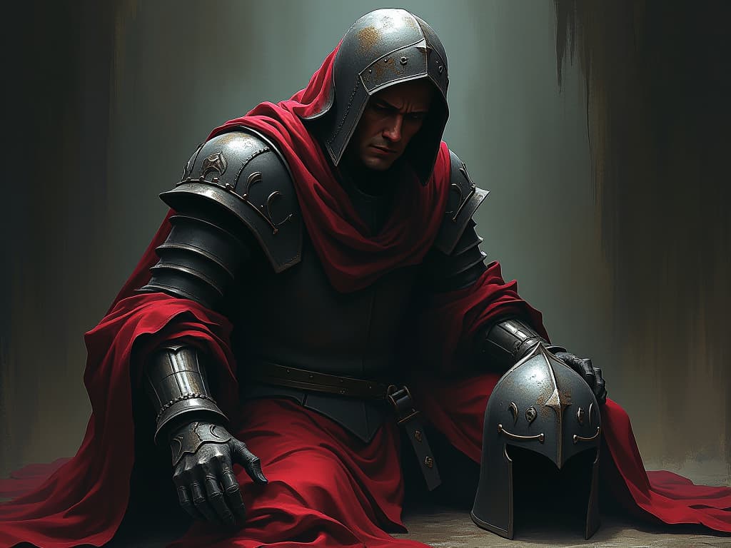  a fallen knight in tarnished armor, helmet removed, weary expression, sense of defeat.. the style is dark fantasy and mysterious occult, symbolic, moody lighting, esoteric vibe,high detail on character design. for the color scheme emphasize blacks and reds.