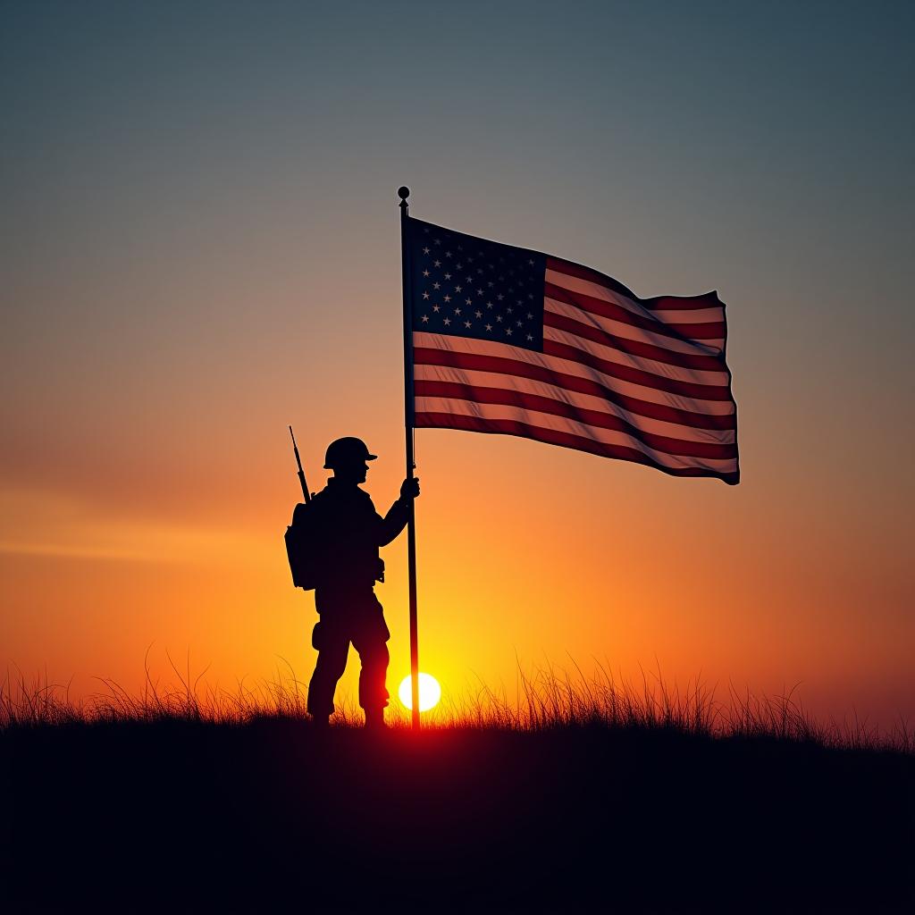  sunrise background, soldier and usa flag for patriot day, national holidays ,veterans day, memorial day, flag day, independence day